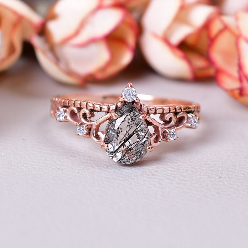 Teardrop Tourmalinated Quartz Crown Engagement Ring