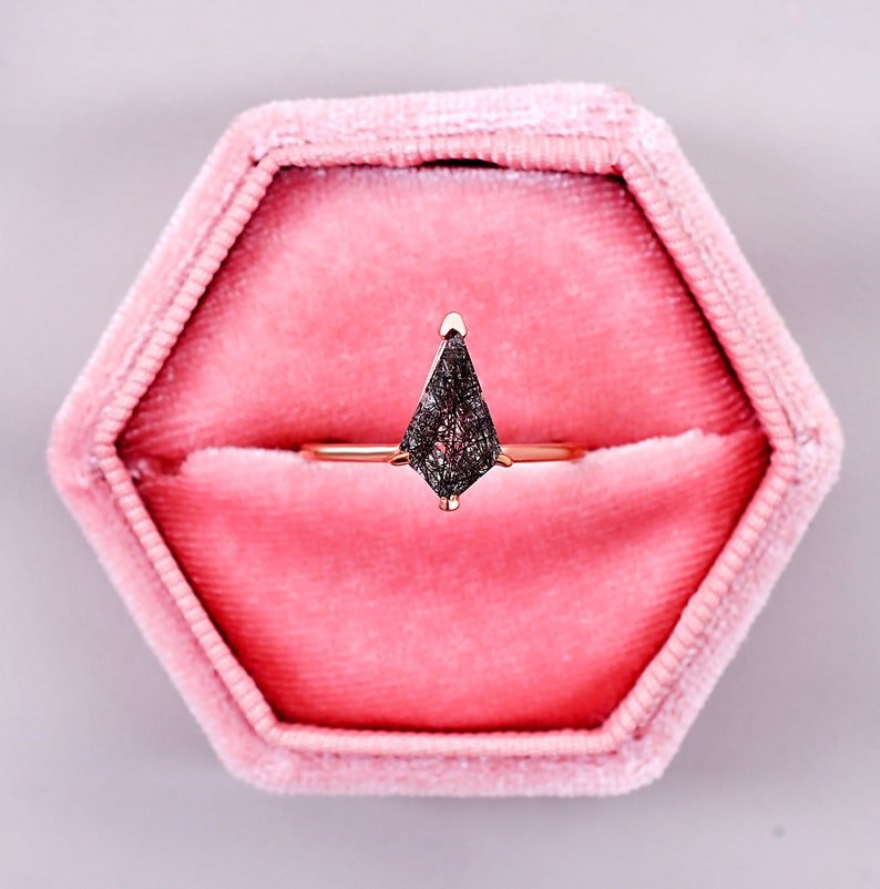 Natural Black Rutile Quartz Kite Shape Wedding Ring