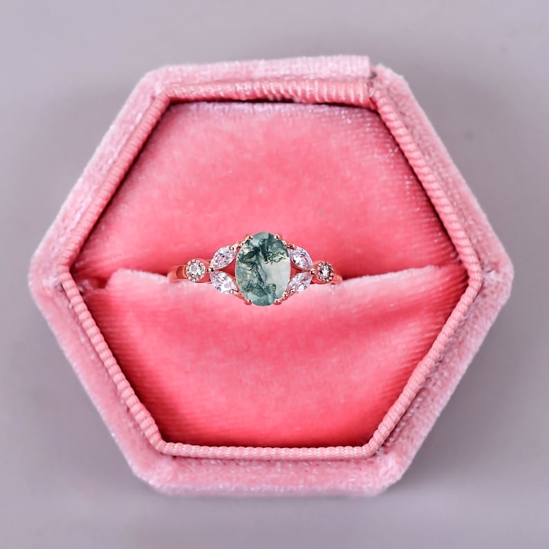 Vintage Oval Cut Green Moss Agate Engagement Ring