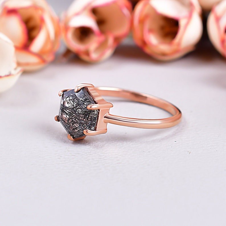 Black Rutile Quartz Solitaire Engagement Ring Birthday Gift
