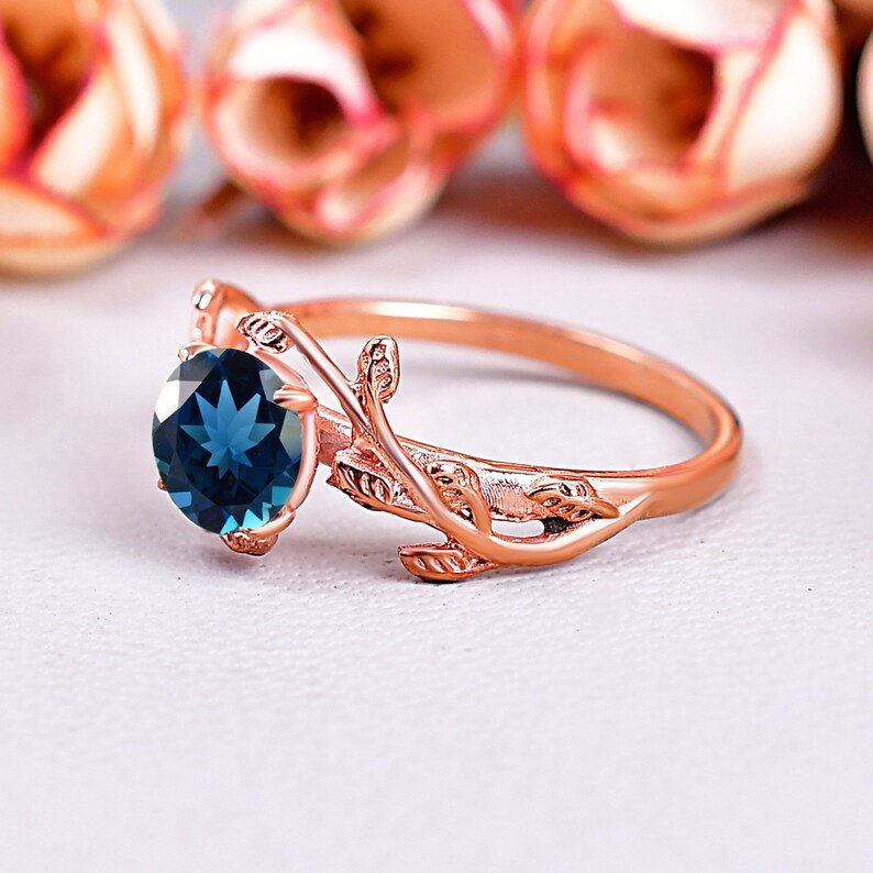 London Blue Topaz Engagement ring Leaf Design Ring