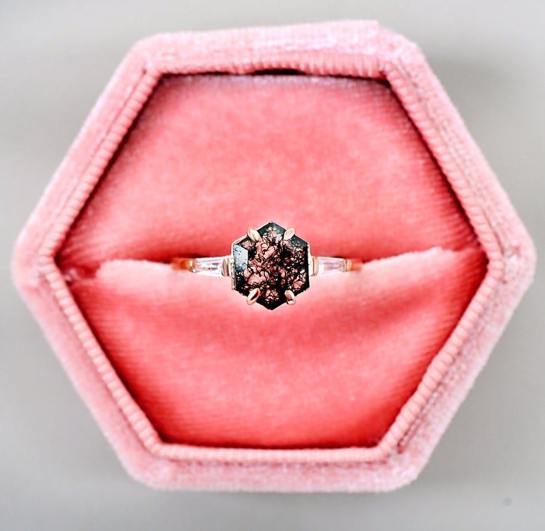 Vintage Hexagon Moss Agate Ring With Moissanite Gemstone