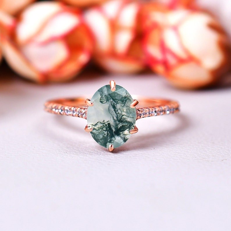 Vintage Moss agate Ring Green Gemstone Engagement Ring