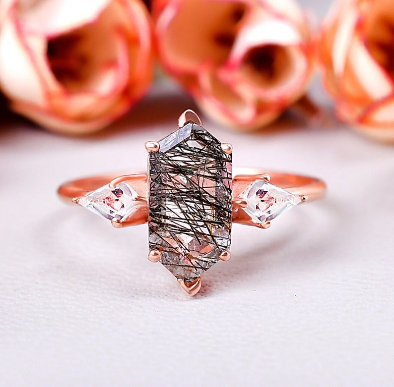 Hexagon Black Rutile Quartz Engagement Ring