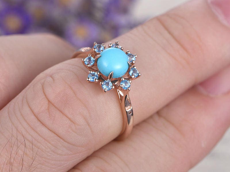 Floral Blue Round Cut Turquoise Engagement Ring, Swiss Blue Topaz Halo Wedding Ring, 14K Rose Gold Promise Ring, Handmade Anniversary Gift