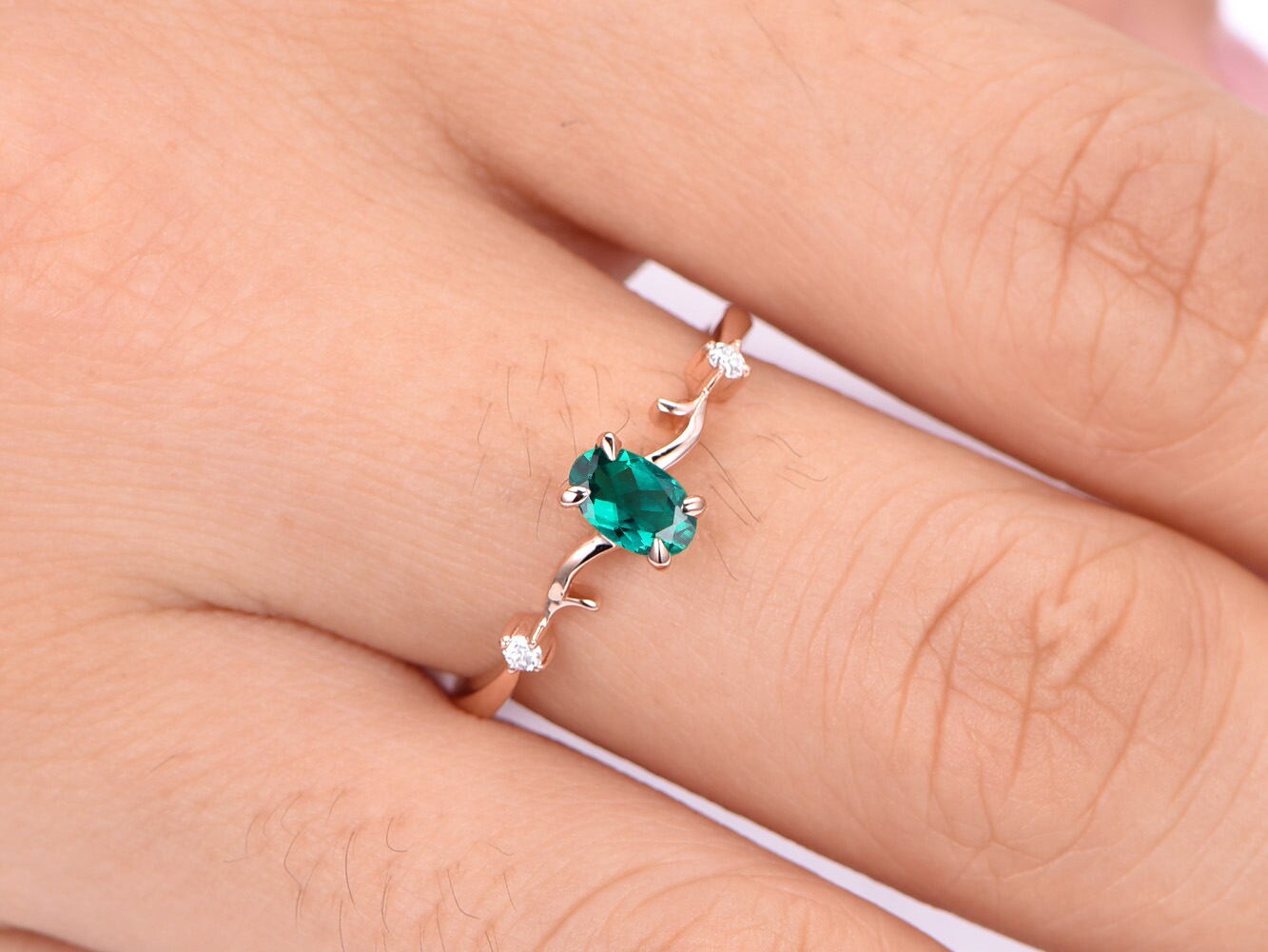 0.45ct emerald ring lab emerald engagement ring 4x6mm oval cut green stone diamond band 14k rose gold anniversary ring custome jewelry