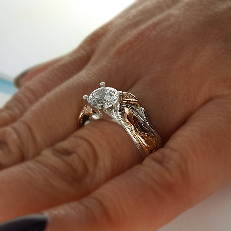 Two Tone Gold Moissanite Engagement Ring Set: Custom Leaf & Twig Bridal Rings