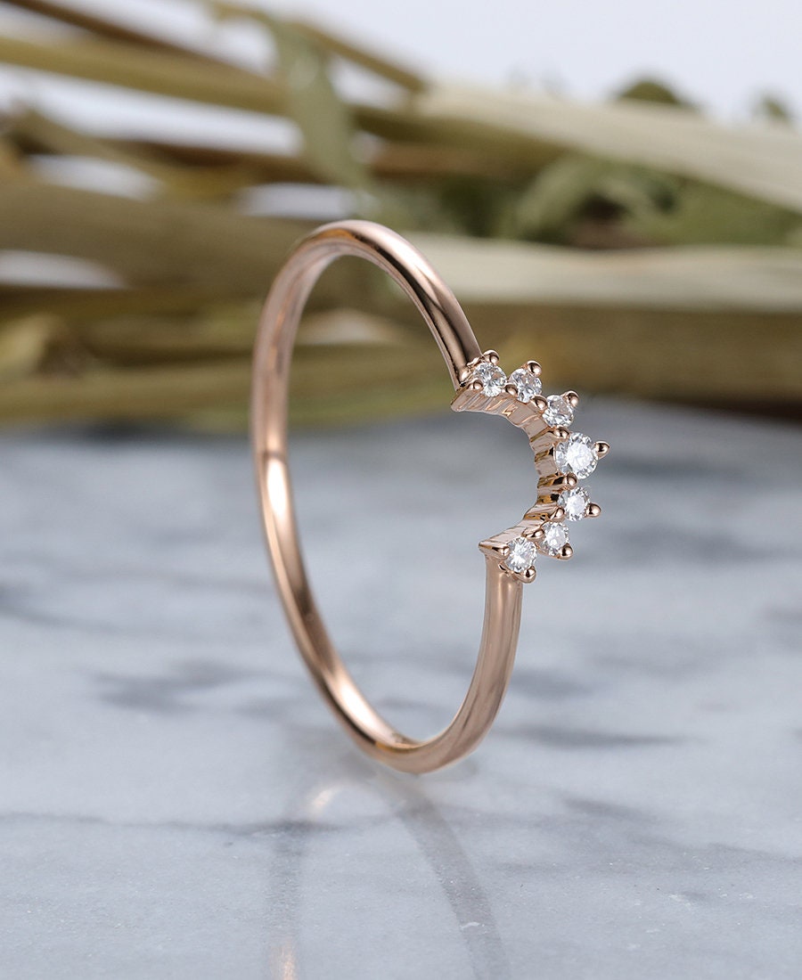 Diamond Curved wedding band rose gold ring halo Vintage Bridal Set Jewelry Antique Solid 14K Matching Promise Anniversary Gift for