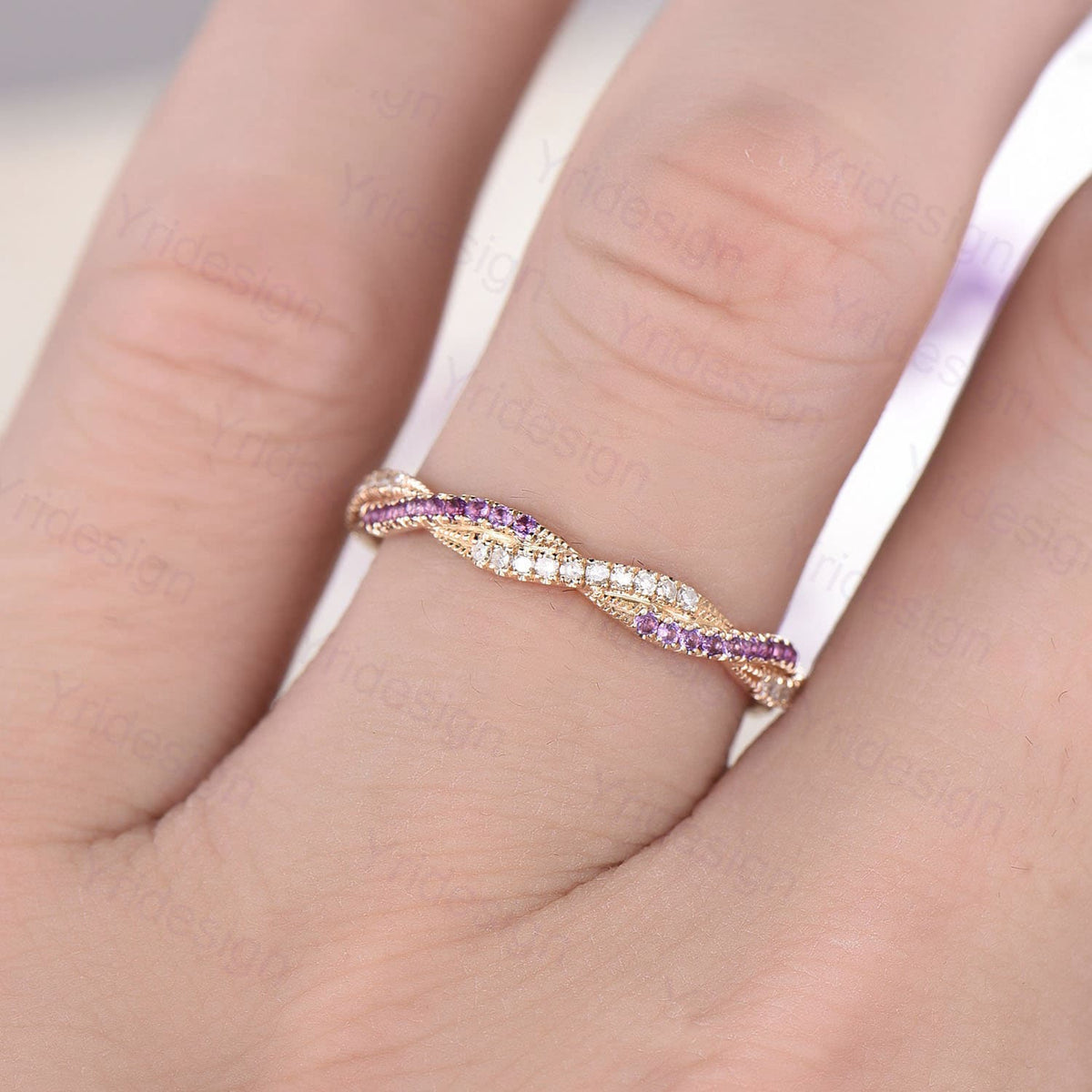 Amethyst Diamond Wedding Band, White Gold Eternity Twisted Ring