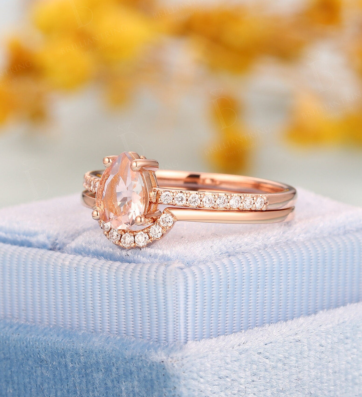 Morganite engagement ring rose gold pear cut vintage Half eternity diamond Wedding band antique Jewelry Anniversary wedding ring