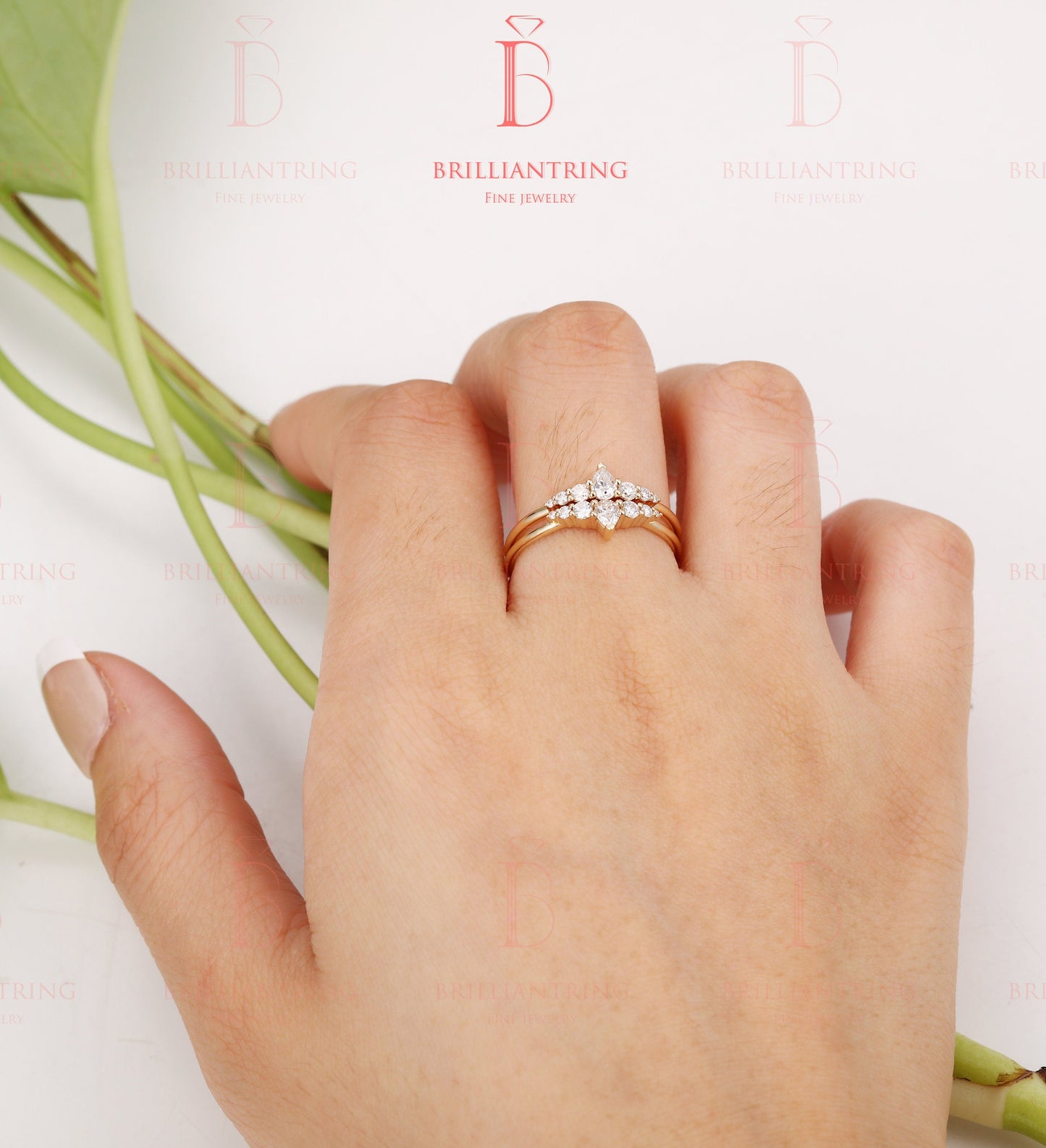 Moissanite wedding ring set woman solid gold ring Vintage Bridal Set Jewelry Antique Pear shaped crown dainty Anniversary Gift for her