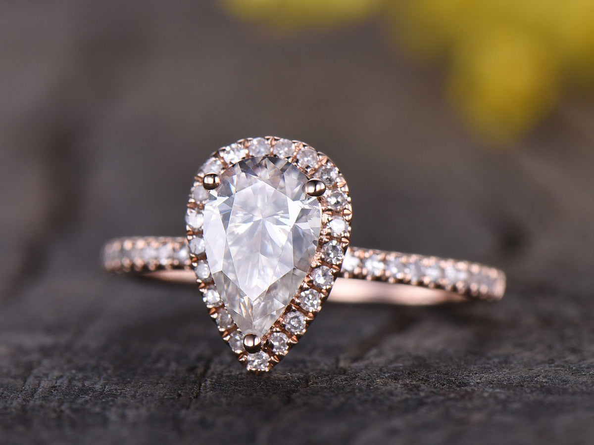 IGI Certified Pear Lab Grown Diamond Ring, Rose Gold Halo Eternity Band