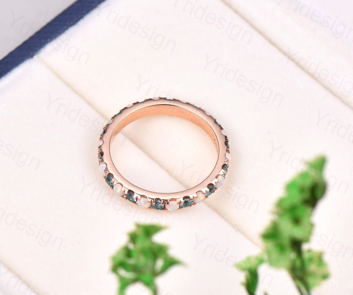 Vintage opal and alexandrite wedding band delicate silver rose gold opal alexandrite stacking band art deco anniversary promise gift
