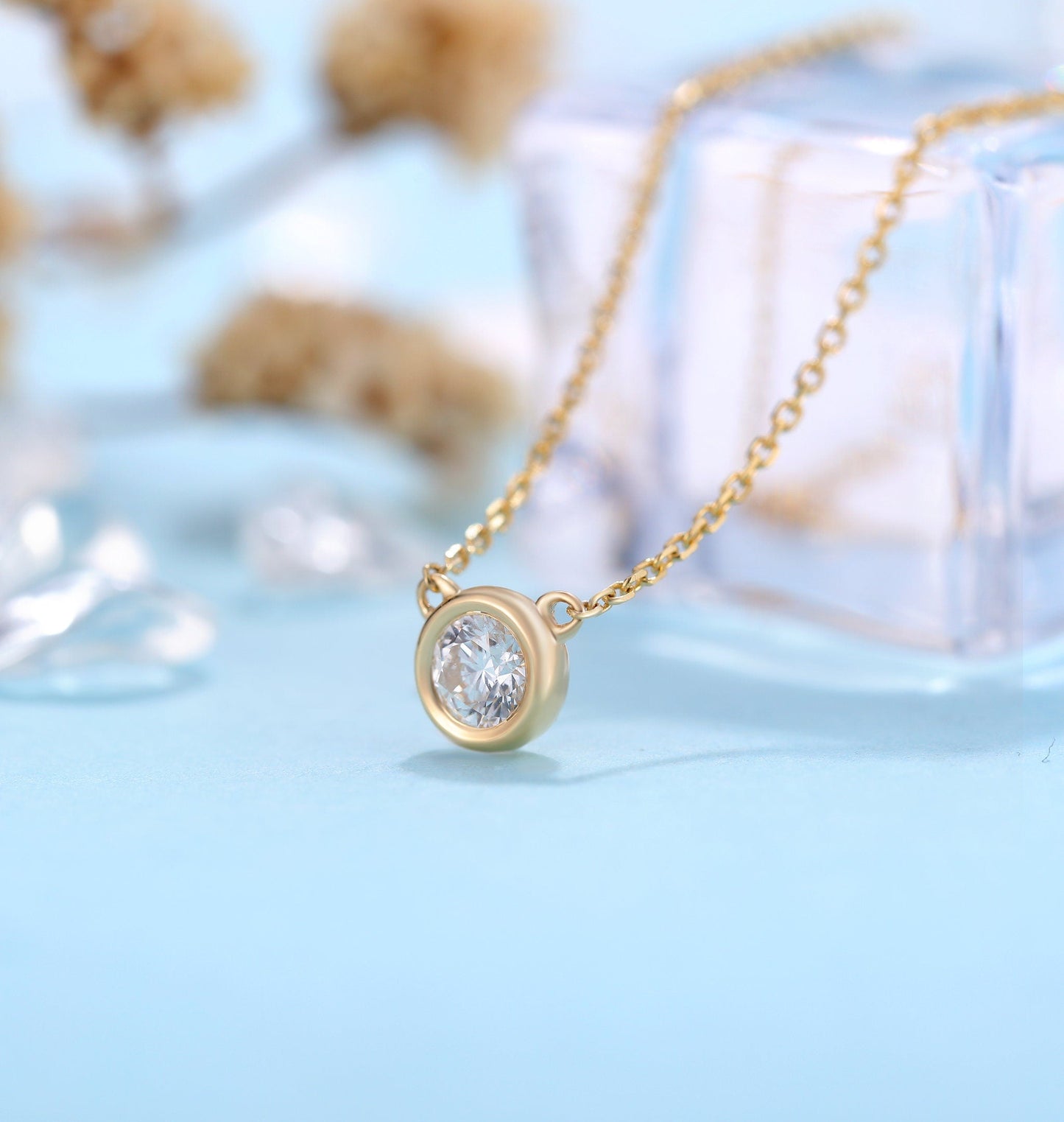 Diamond solitaire necklace women | Delicate Solitaire Necklace | Unique Jewelry | 14k Solid gold necklace | Anniversary gift for her