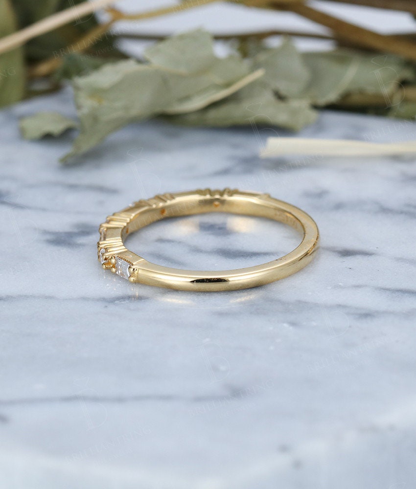 14k yellow gold wedding band vintage half Eternity halo moissanite Art deco Stacking Promise Matching band Anniversary wedding ring