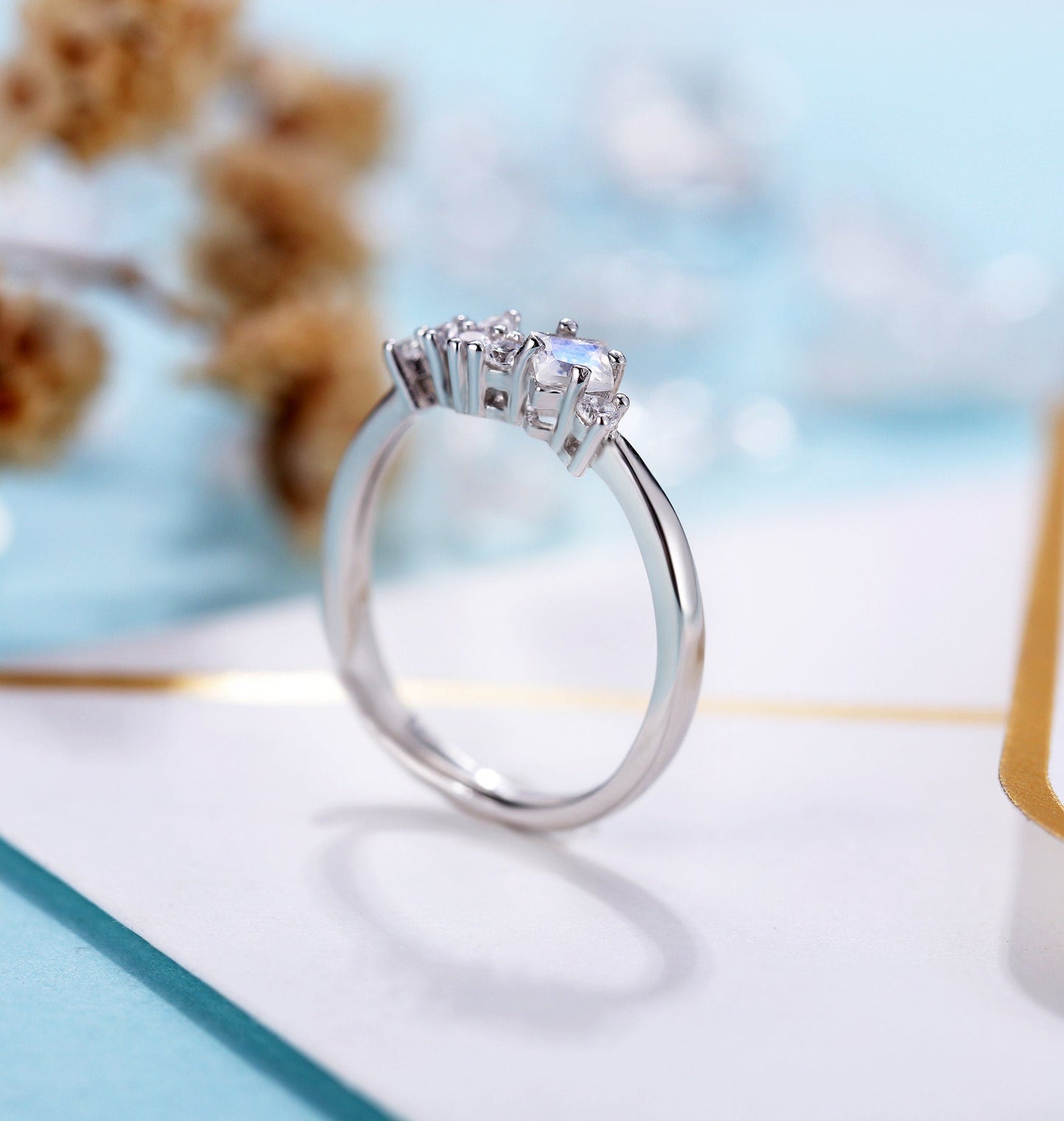 Antique Moonstone engagement ring women | Vintage white gold princess cut ring | Unique cluster Bridal ring | Anniversary gift for her