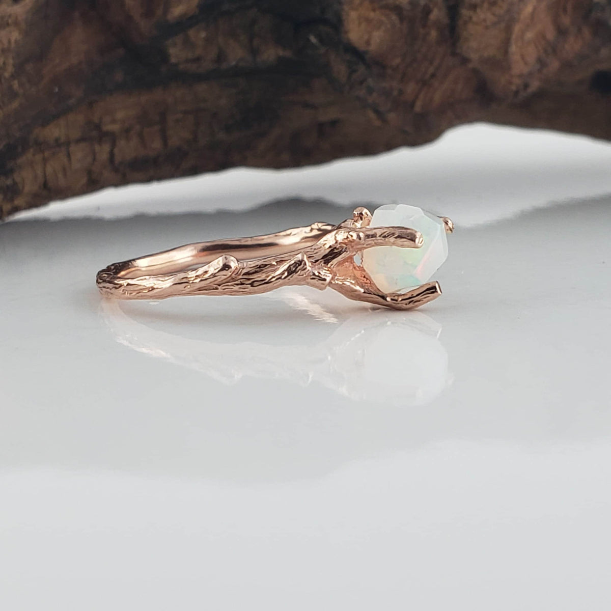Hand-Cut Raw Opal Twig Engagement Ring