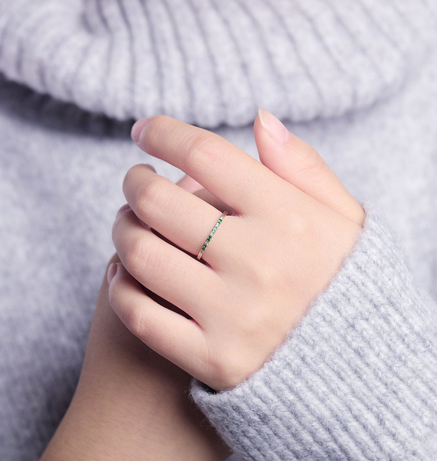 Delicate Wedding Band White Gold Women | Vintage Diamond wedding ring Stacking Emerald jewelry |Unique Promise Ring Anniversary Gift for her