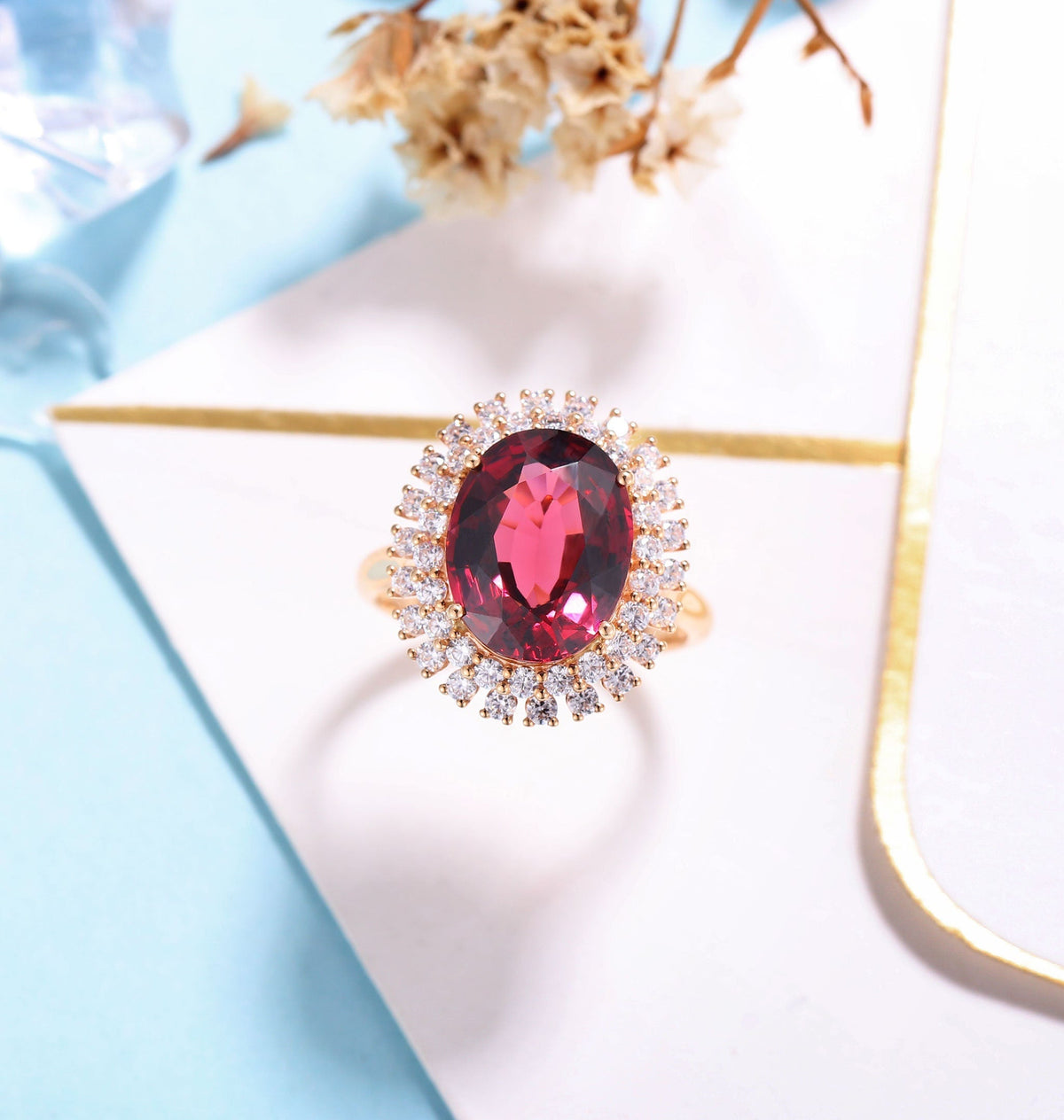 Garnet Engagement Ring Women Rose Gold | Antique oval cut Bridal Jewelry | Delicate Halo Moissanite Ring | Vintage Anniversary Gift for Her