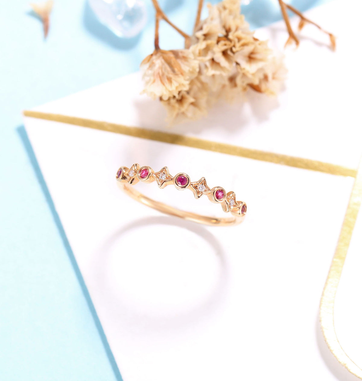 Delicate Wedding Band Rose Gold Women | Vintage Diamond wedding ring | Antique Ruby jewelry | Unique Promise Ring | Anniversary Gift for her