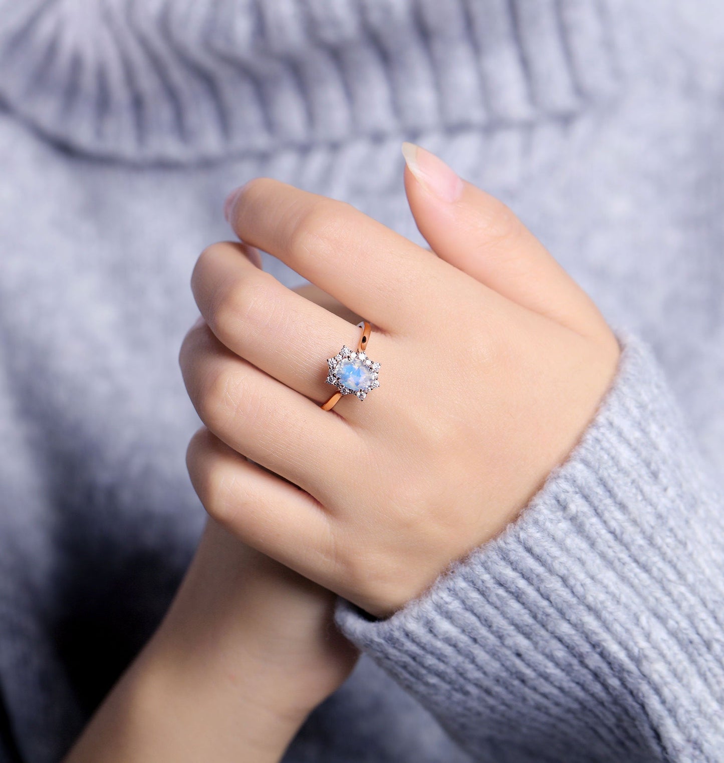 Antique Moonstone engagement ring rose gold women | Vintage Halo wedding ring | Moissanite jewelry Bridal ring | Anniversary gift for her