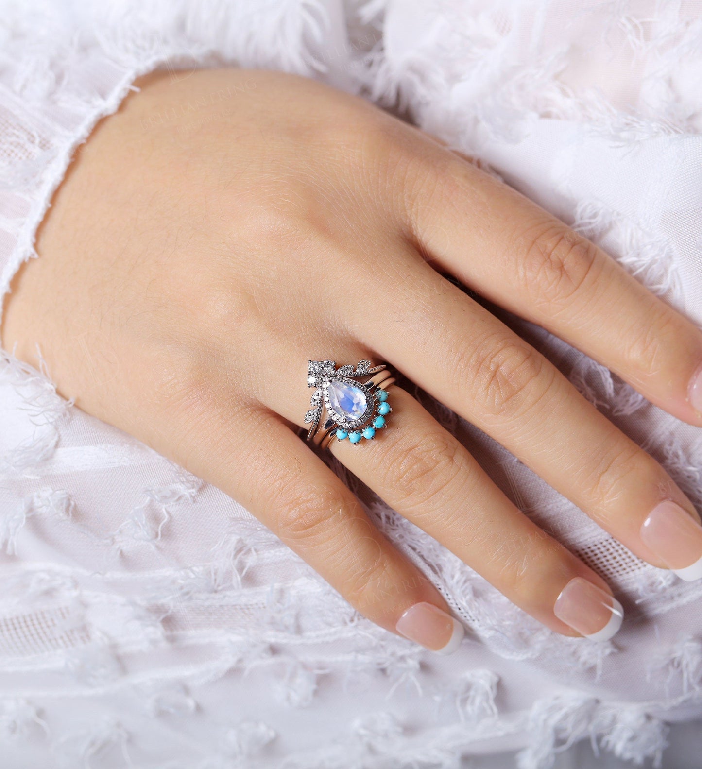 Moonstone engagement ring set White gold pear shaped vintage leaf moissanite turquoise Wedding Jewelry birthstone Anniversary gift