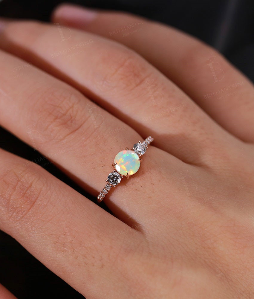 Faceted Opal engagement ring vintage Rose gold prong set Antique moissanite Half eternity art deco Promise Anniversary wedding ring