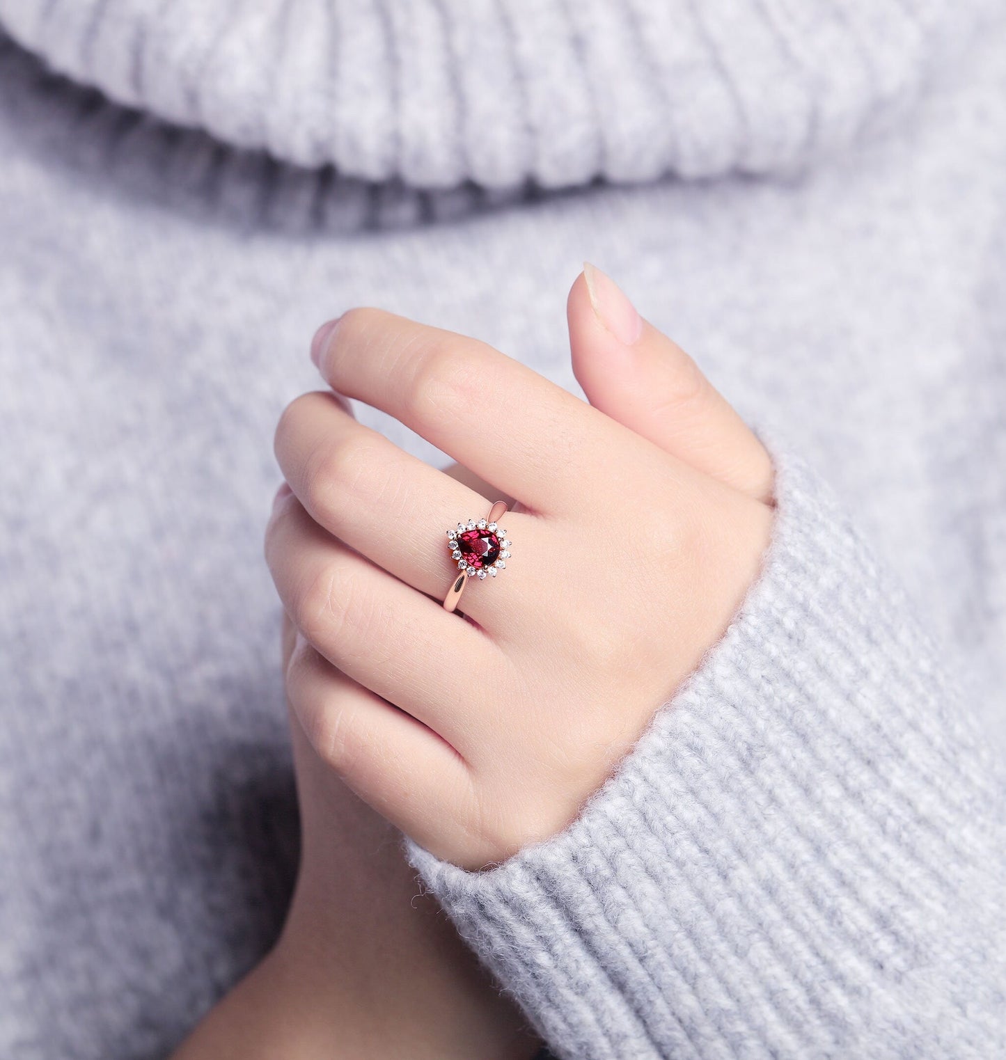 Garnet Engagement Ring Women Rose Gold | Antique pear shaped Bridal Jewelry | Delicate Halo Moissanite Ring|Vintage Anniversary Gift for Her