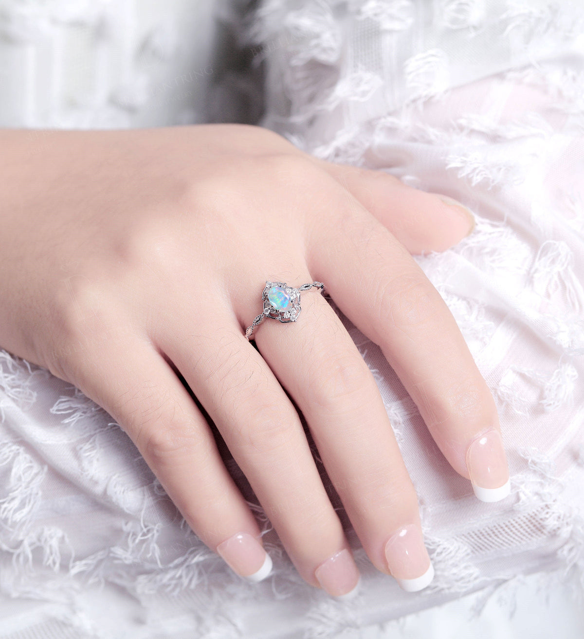 Faceted Opal engagement ring vintage white gold oval cut Antique Delicate diamond milgrain Wedding Promise Anniversary wedding ring