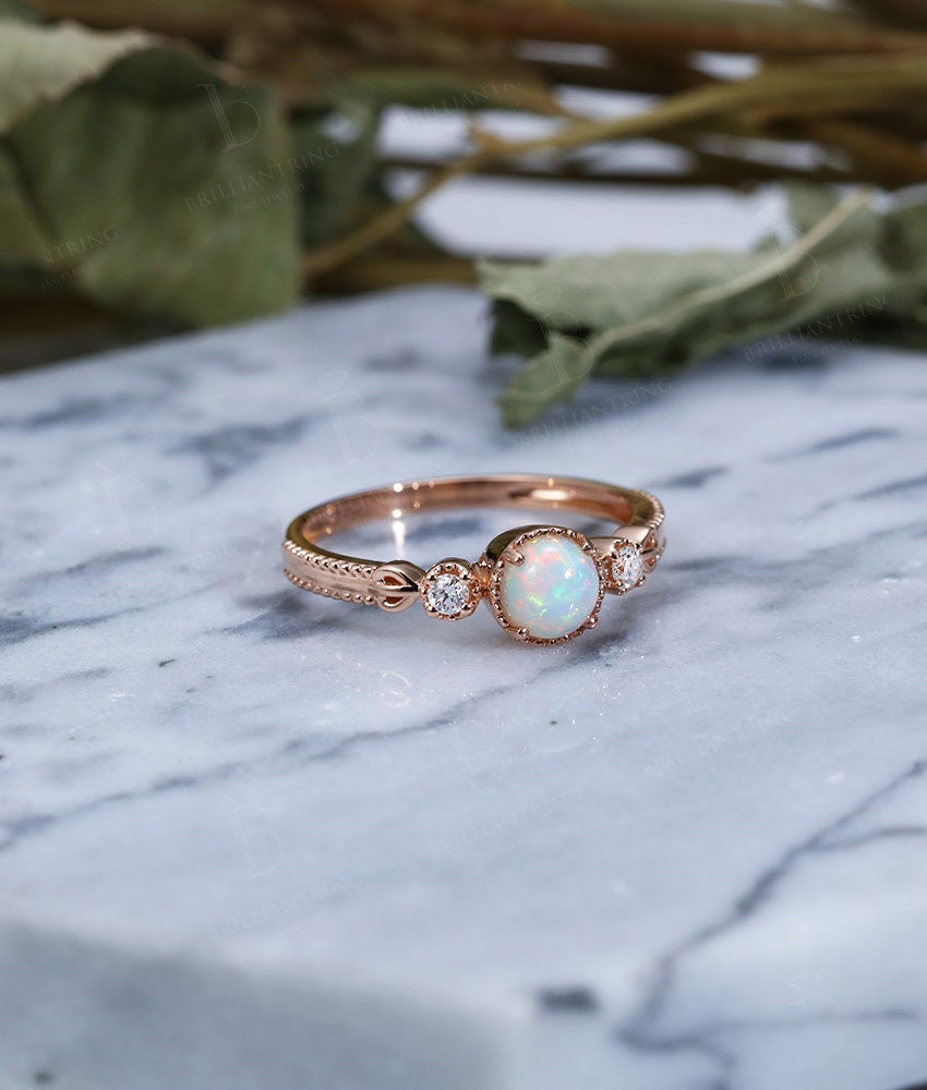 Faceted Opal engagement ring vintage Rose gold Antique Delicate Halo diamond milgrain Wedding Promise Anniversary wedding ring