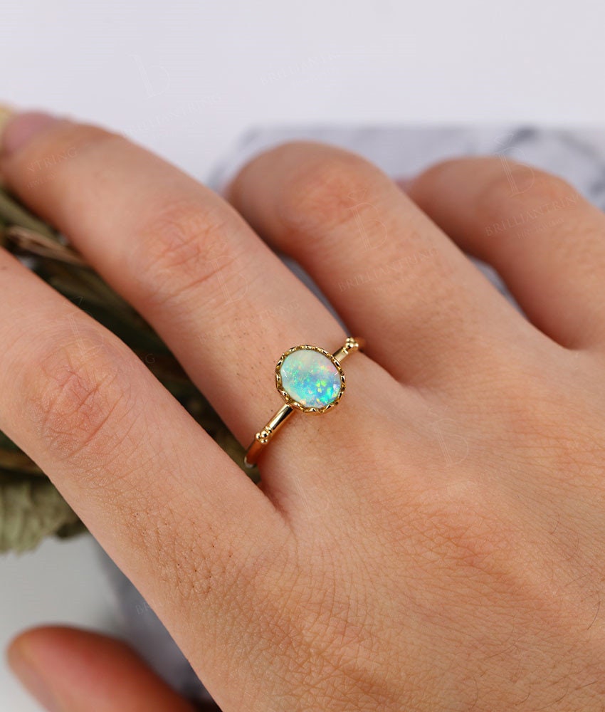 Faceted Opal engagement ring vintage antique oval shaped 14k gold art deco unique birthstone Delicate wedding promise wedding ring