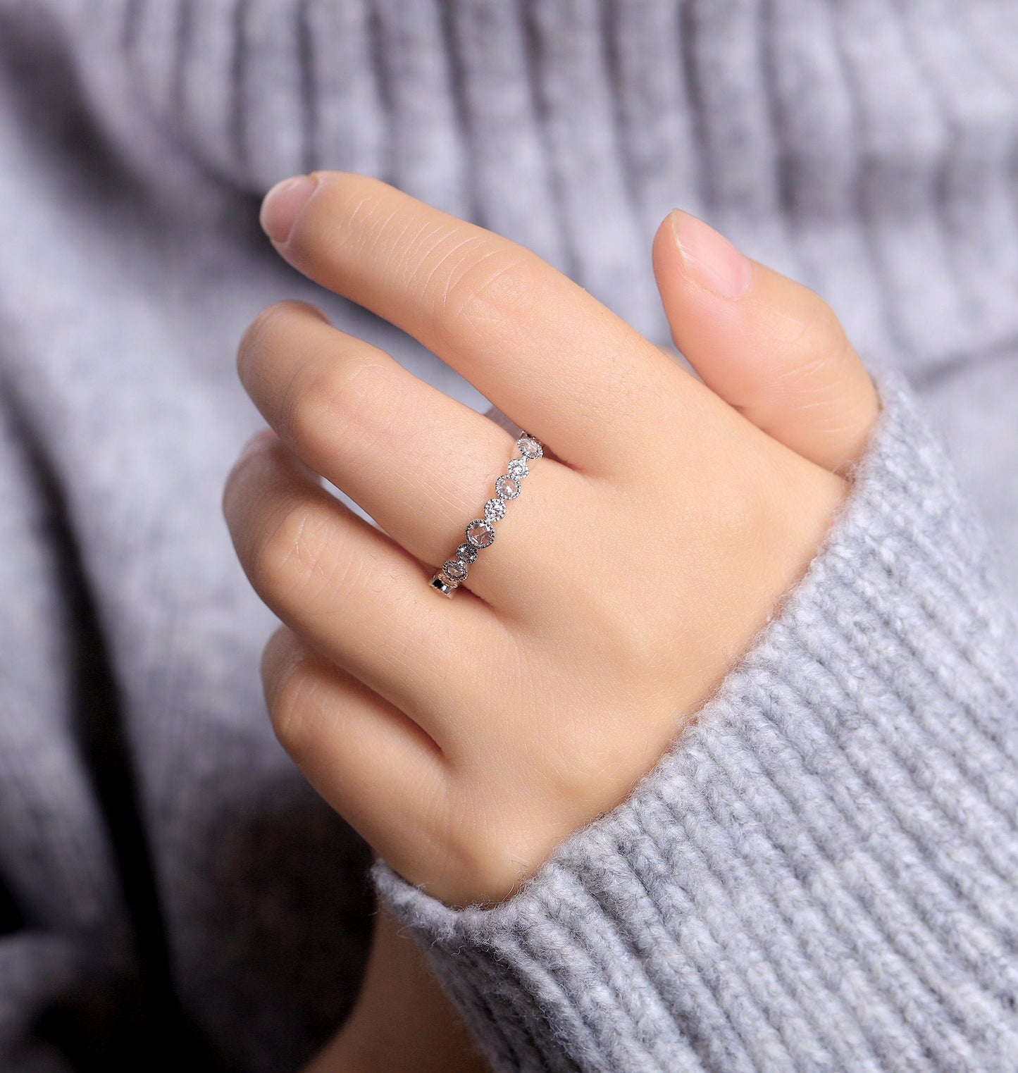 Diamond wedding band women | white gold band | unique rose cut bridal ring | matching wedding ring | promise ring anniversary gift for her