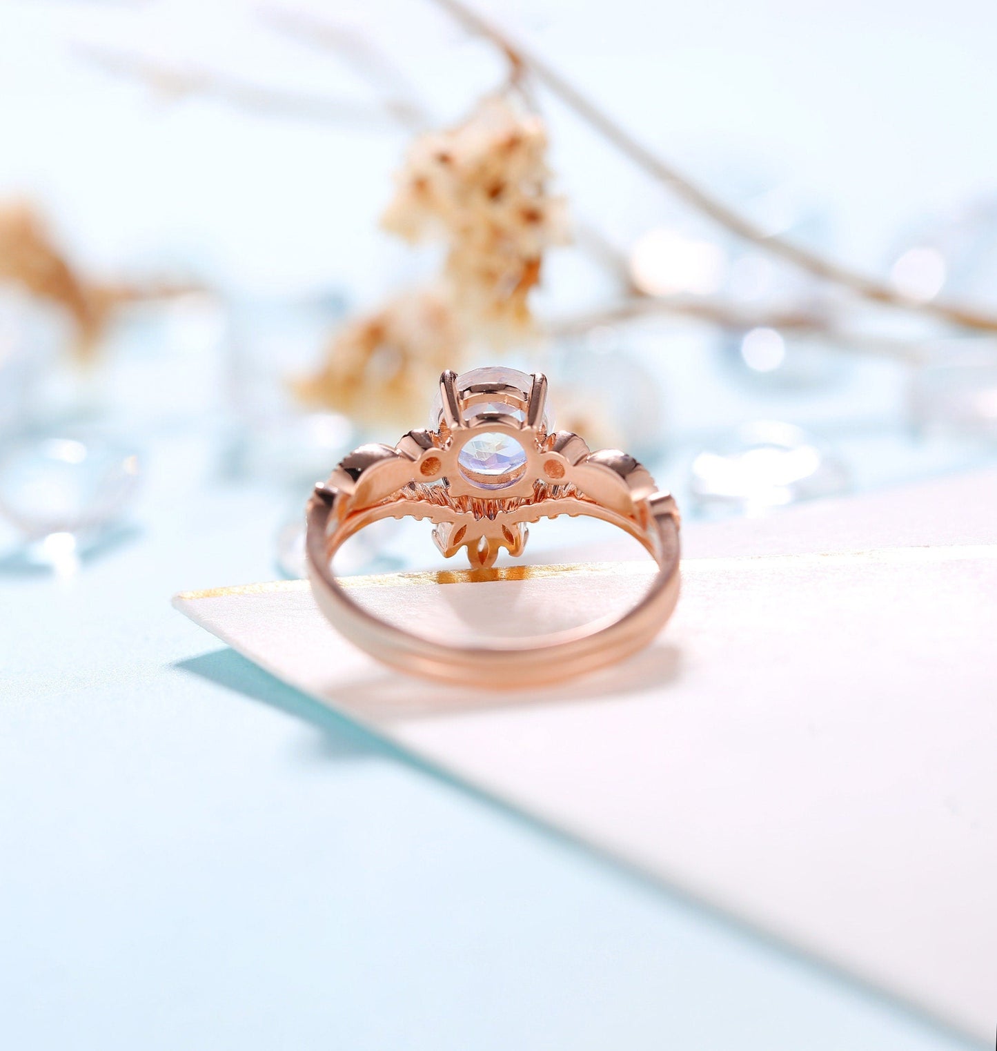 Moonstone Engagement Ring Women | Rose Gold Band Women | Antique bridal set | Moissanite wedding set Diamond | Anniversary gift for her