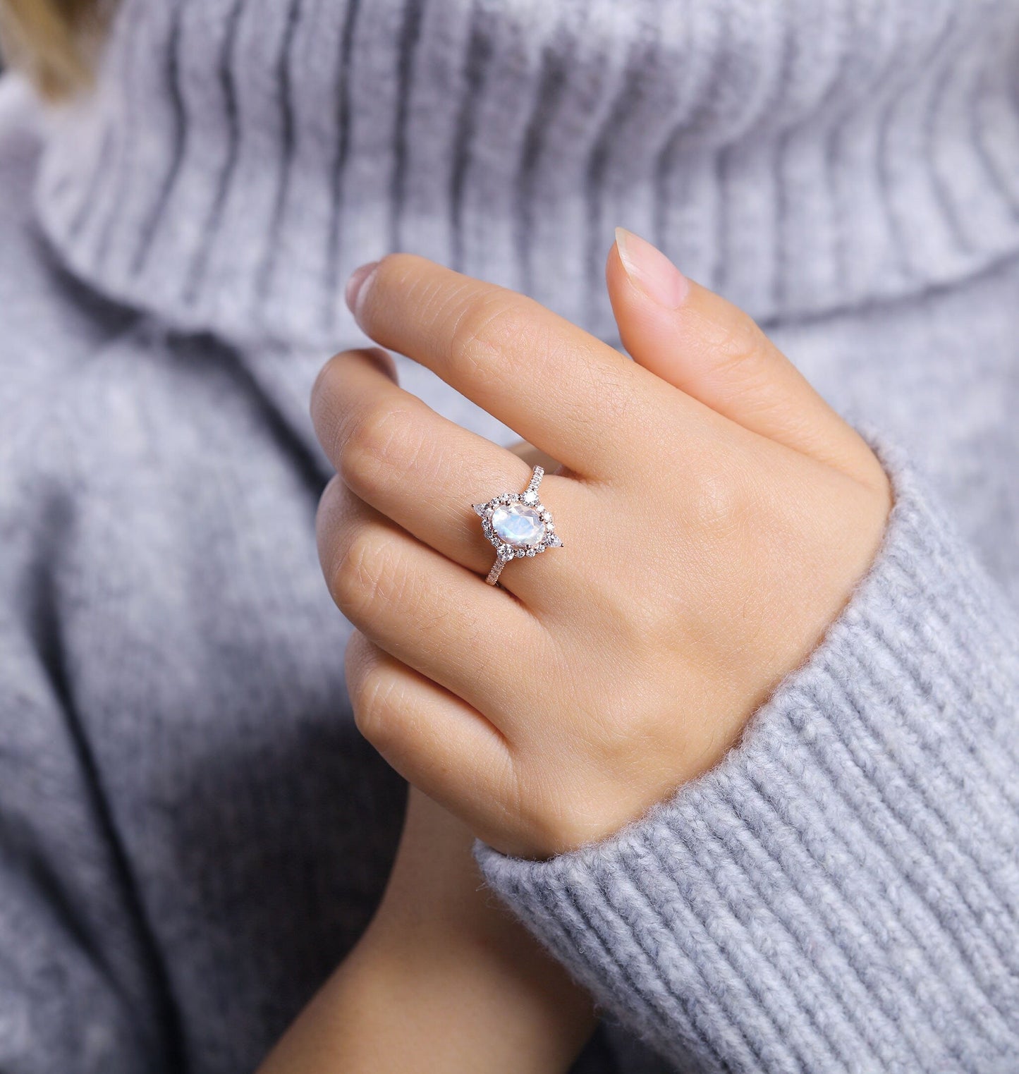 Moonstone engagement ring rose gold women | Vintage floral wedding ring | Unique jewelry Bridal ring | Art deco Anniversary gift for her
