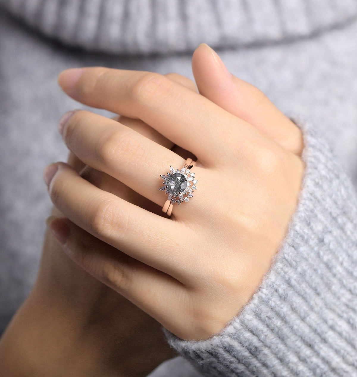 Black Rutilated Quartz Engagement Ring Women | Rose Gold Band Women | Floral bridal set | Moissanite wedding set | Vintage Anniversary gift