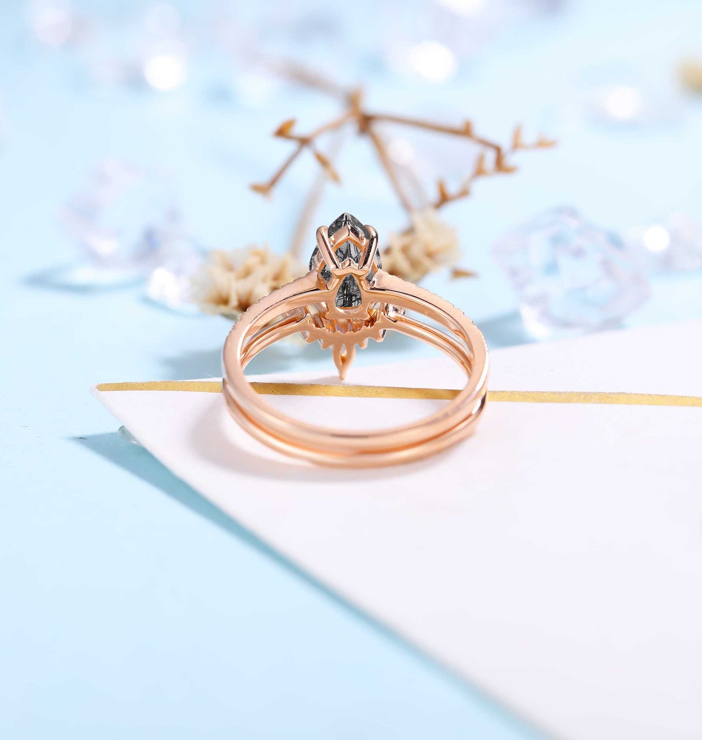 Black Rutilated Quartz Engagement Ring Set | Rose Gold Diamond ring | Antique Half Eternity Bridal Set | Pear cut wedding ring | Anniversary