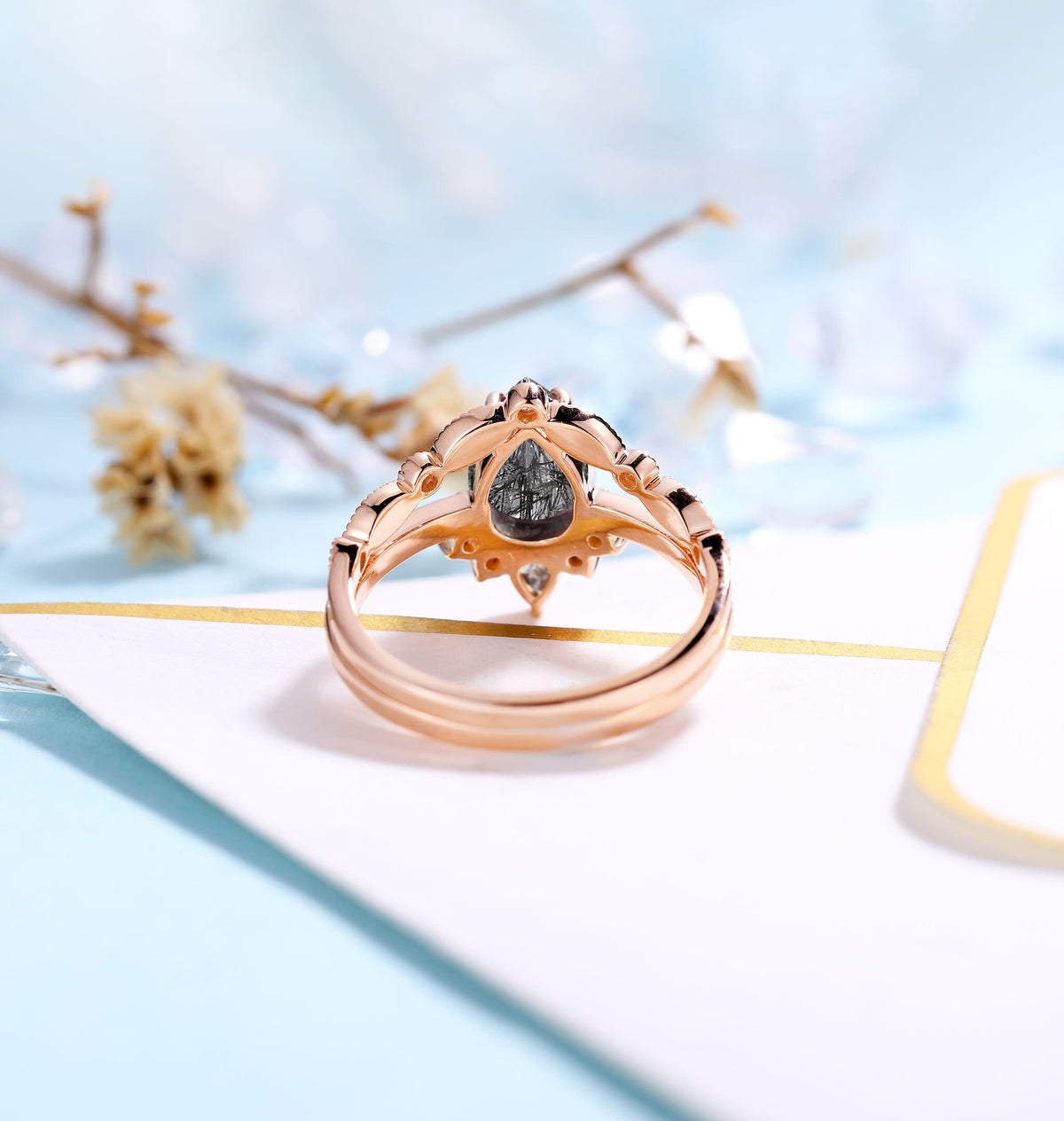 Black Rutilated Quartz Engagement Ring set Women Rose Gold | Pear shaped Bridal Set | Salt and Pepper Diamond Wedding Set |Anniversary ring
