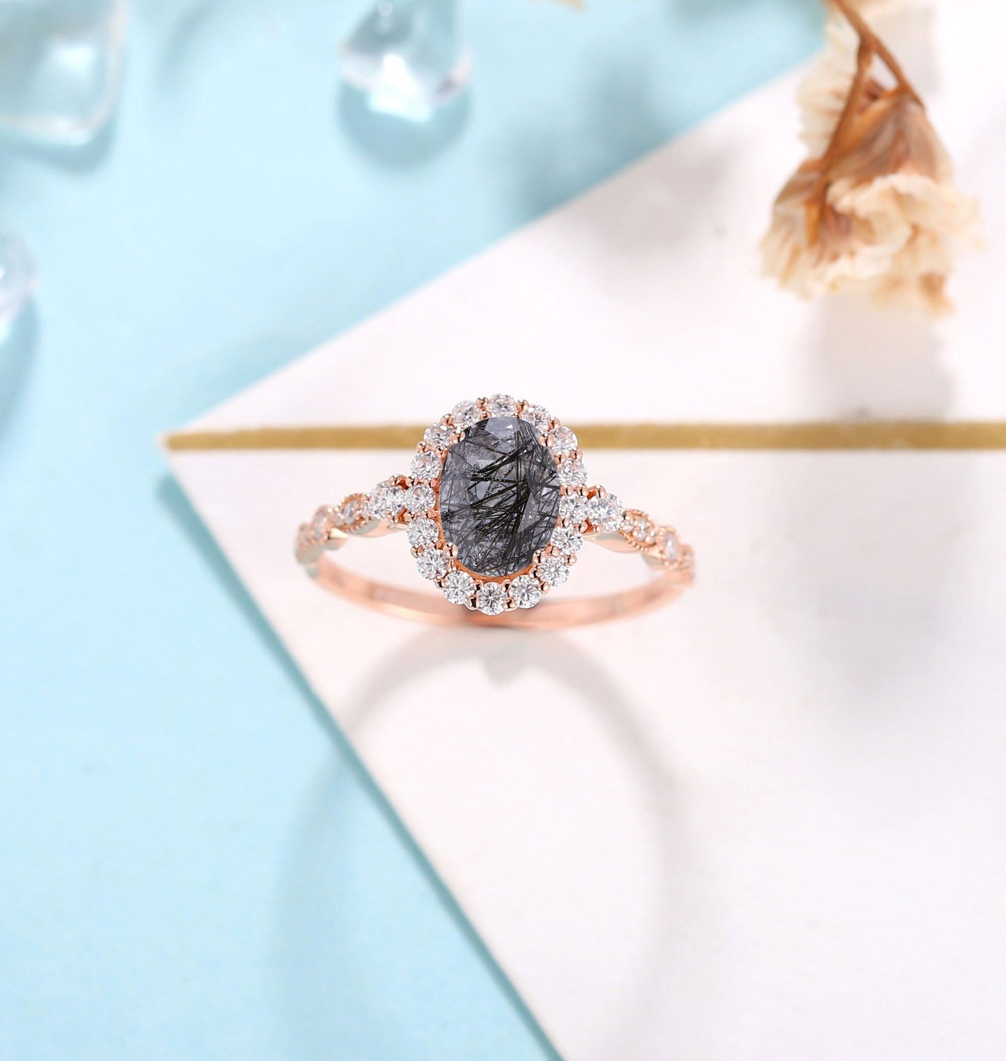Black Rutilated Quartz engagement ring women | Rose gold ring Diamond Moissanite | Oval cut engagement ring | Bridal jewelry | Anniversary