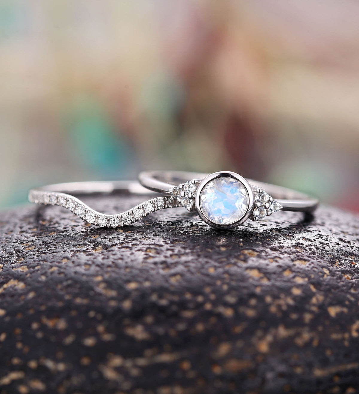 Moonstone engagement ring set for white gold cluster Vintage curved diamond wedding ring unique art deco Jewelry Anniversary gift