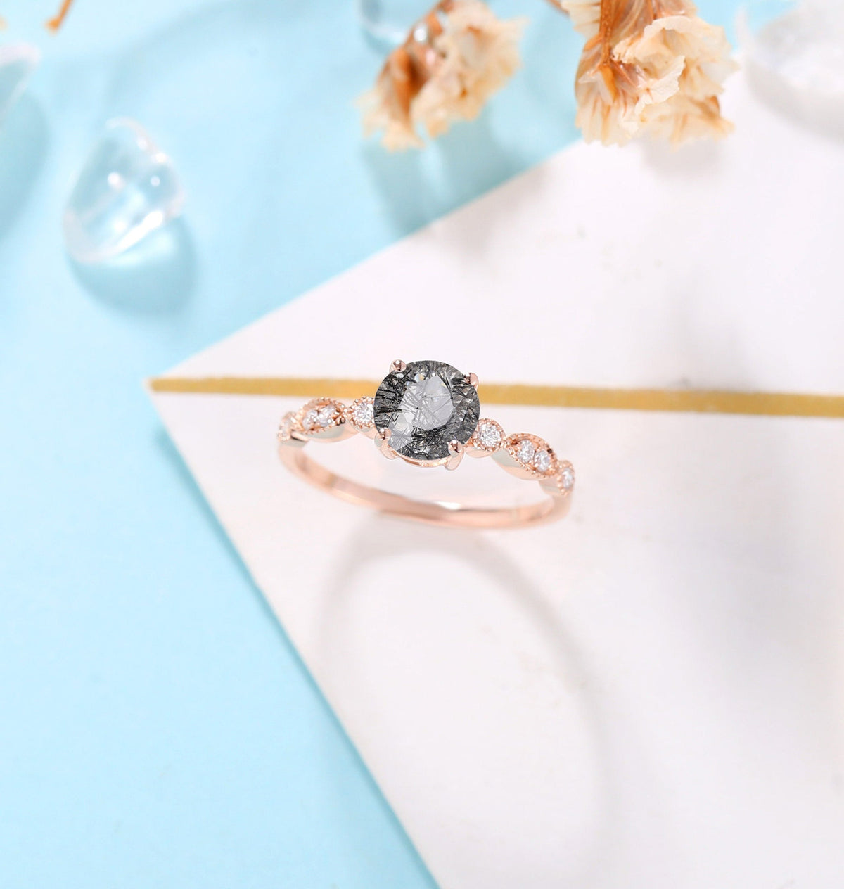Black Rutilated Quartz Engagement Ring Women | Rose Gold Band Women | Antique bridal ring | Moissanite wedding jewelry Diamond | Anniversary