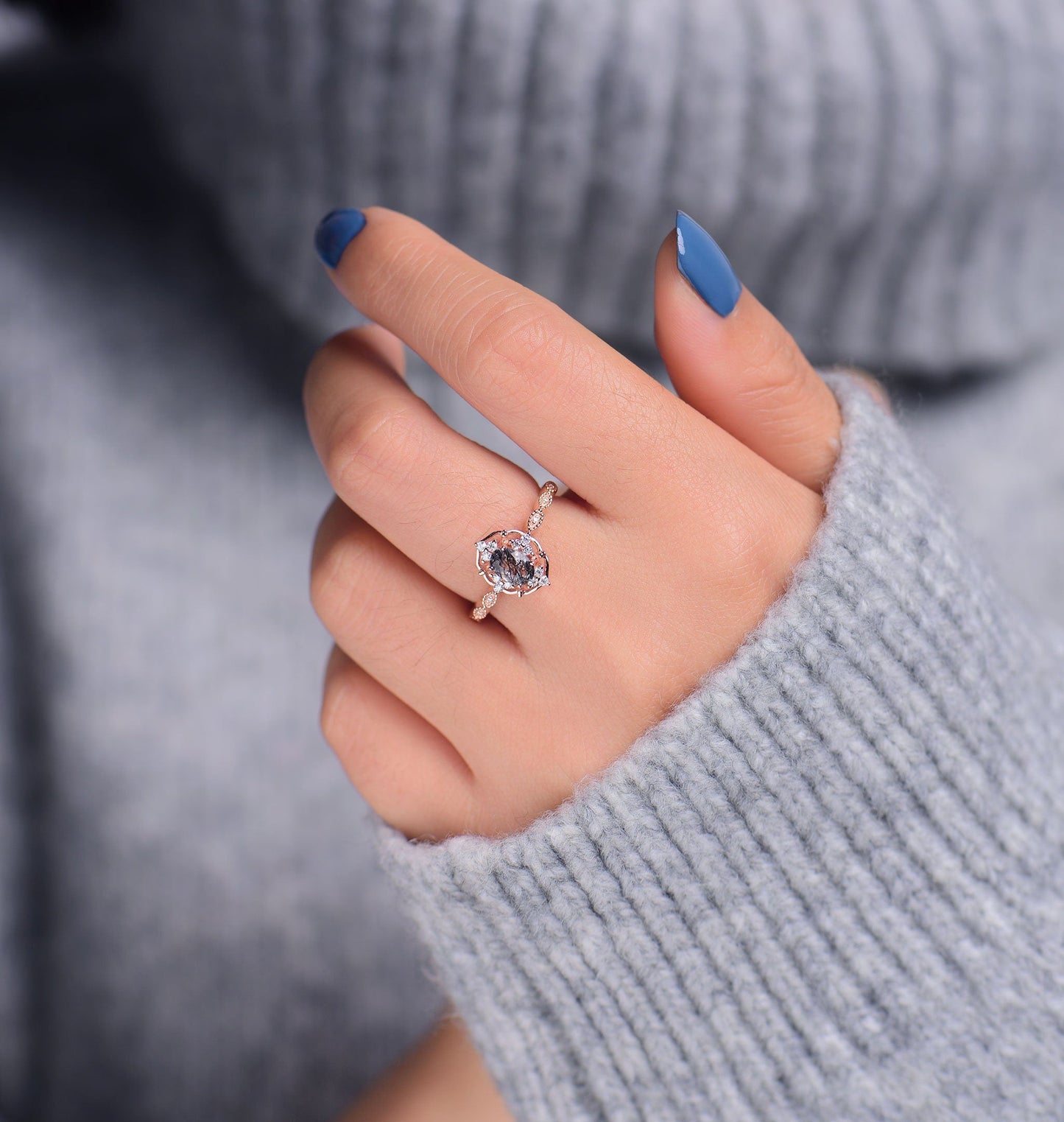 Black Rutilated Quartz Engagement Ring Women Rose Gold | Antique Oval cut Bridal Jewelry | Art deco Halo Ring Milgrain | Anniversary ring