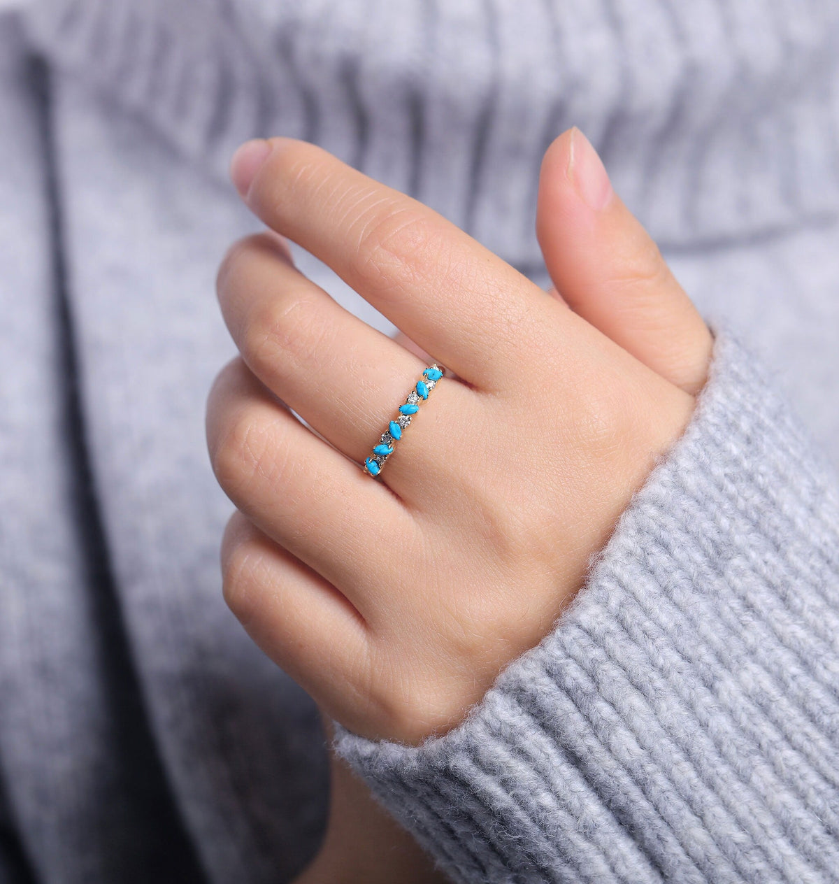 Antique Turquoise with Black Wedding Band Rose Gold Women |Vintage Leaf shape Moissanite Stacking Matching Jewelry| Anniversary Gift for her