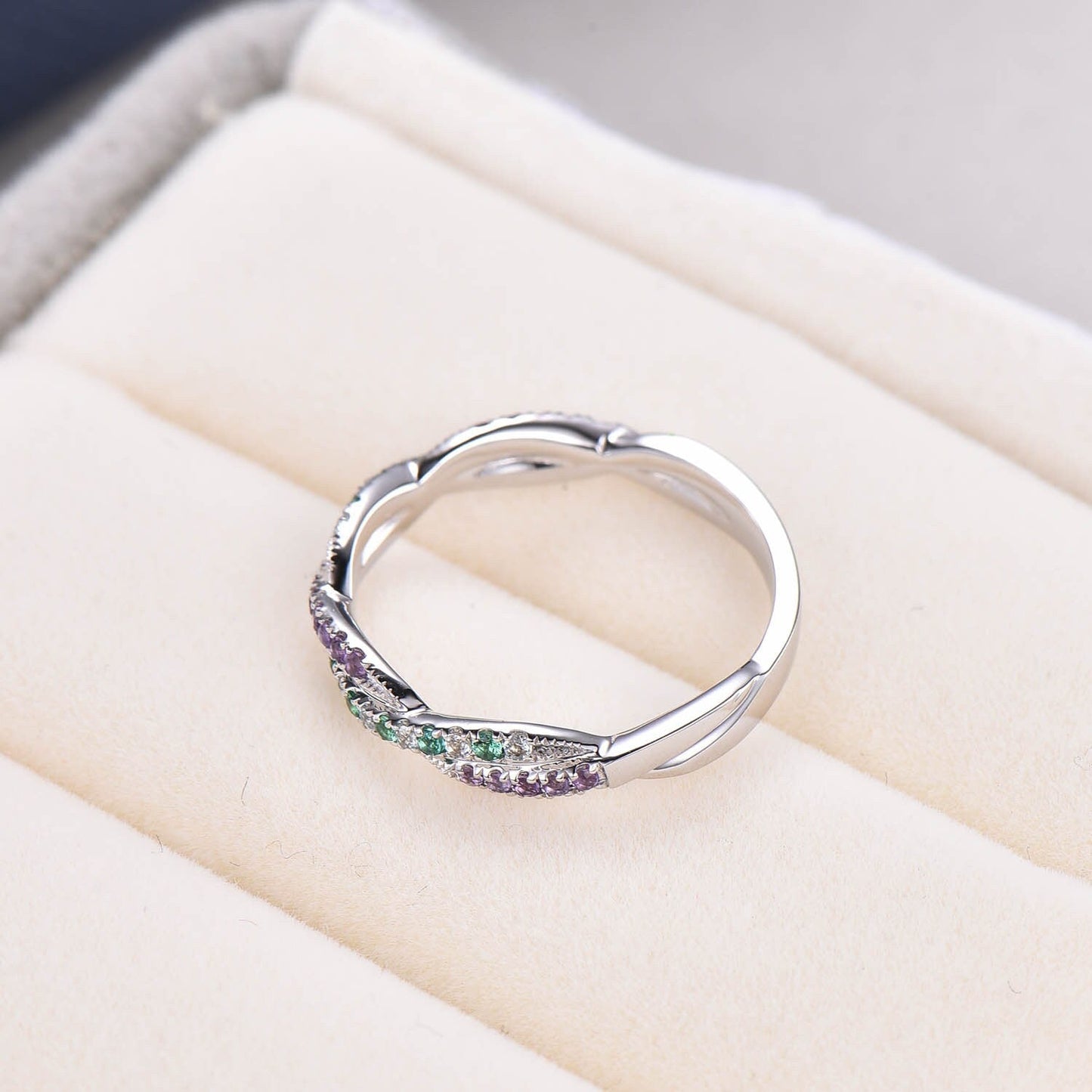 Natural emerald wedding ring amethyst ring aquamarine wedding band half eternity stacking matching band 14k white gold custom jewelry gift