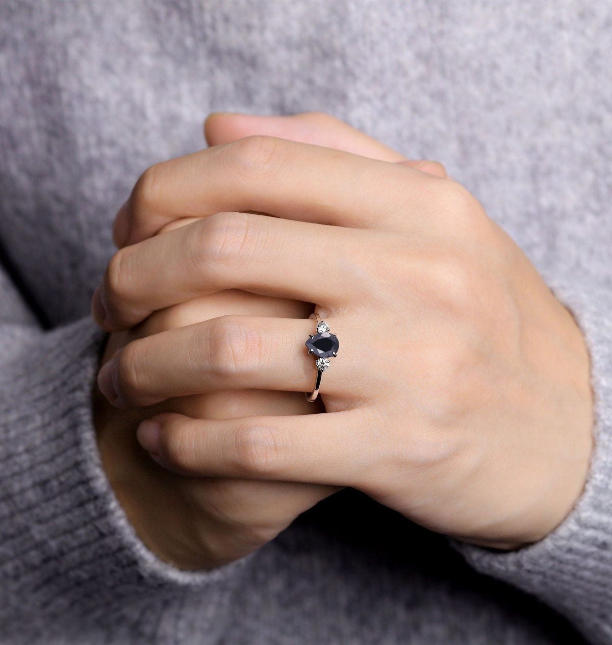 Black Onyx Engagement Ring pear shaped Women | Antique White gold Bridal Jewelry | Art deco Diamond Ring | Unique Anniversary Gift for Her