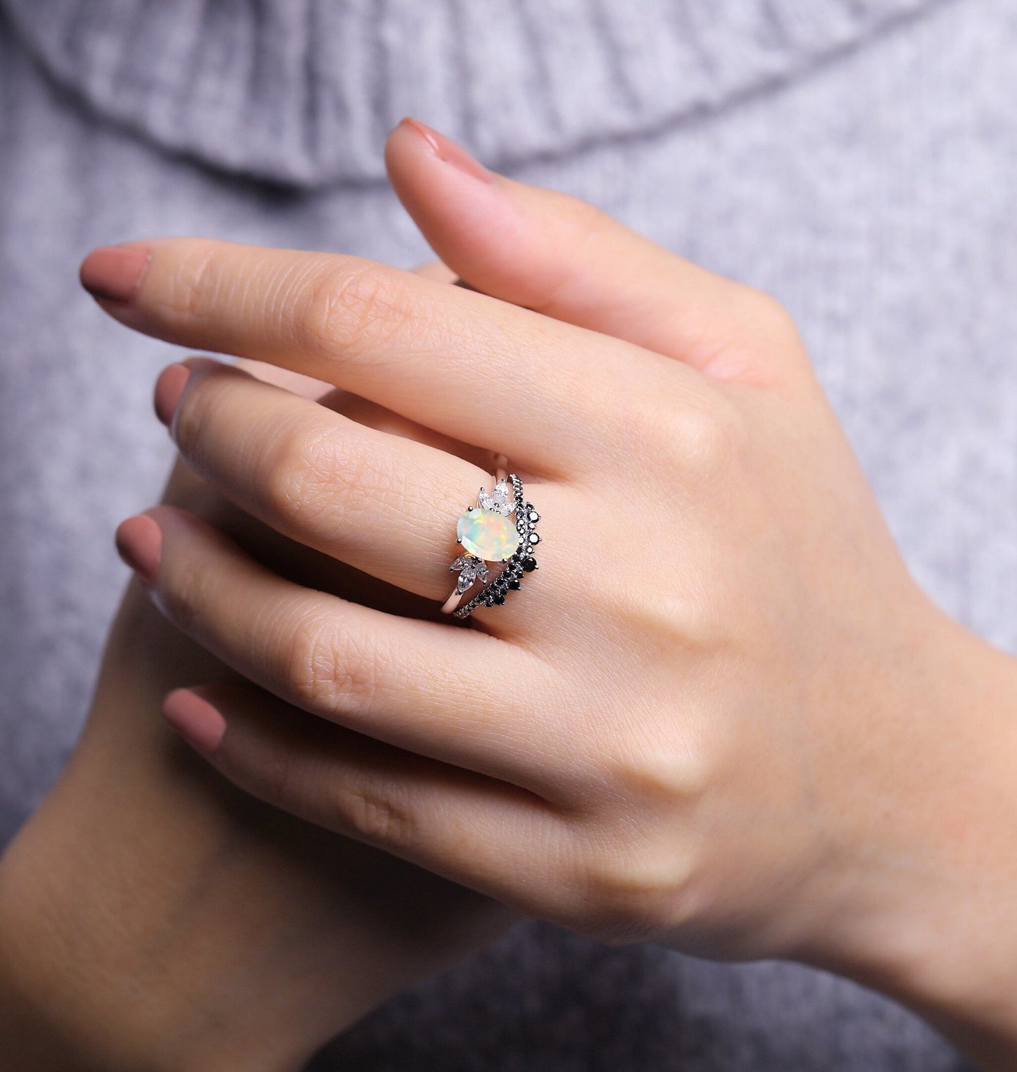 Faceted Opal Engagement Ring White Gold Women | Half Eternity Oval Bridal Set | Unique Black Diamond Wedding Set | Anniversary Gift for her