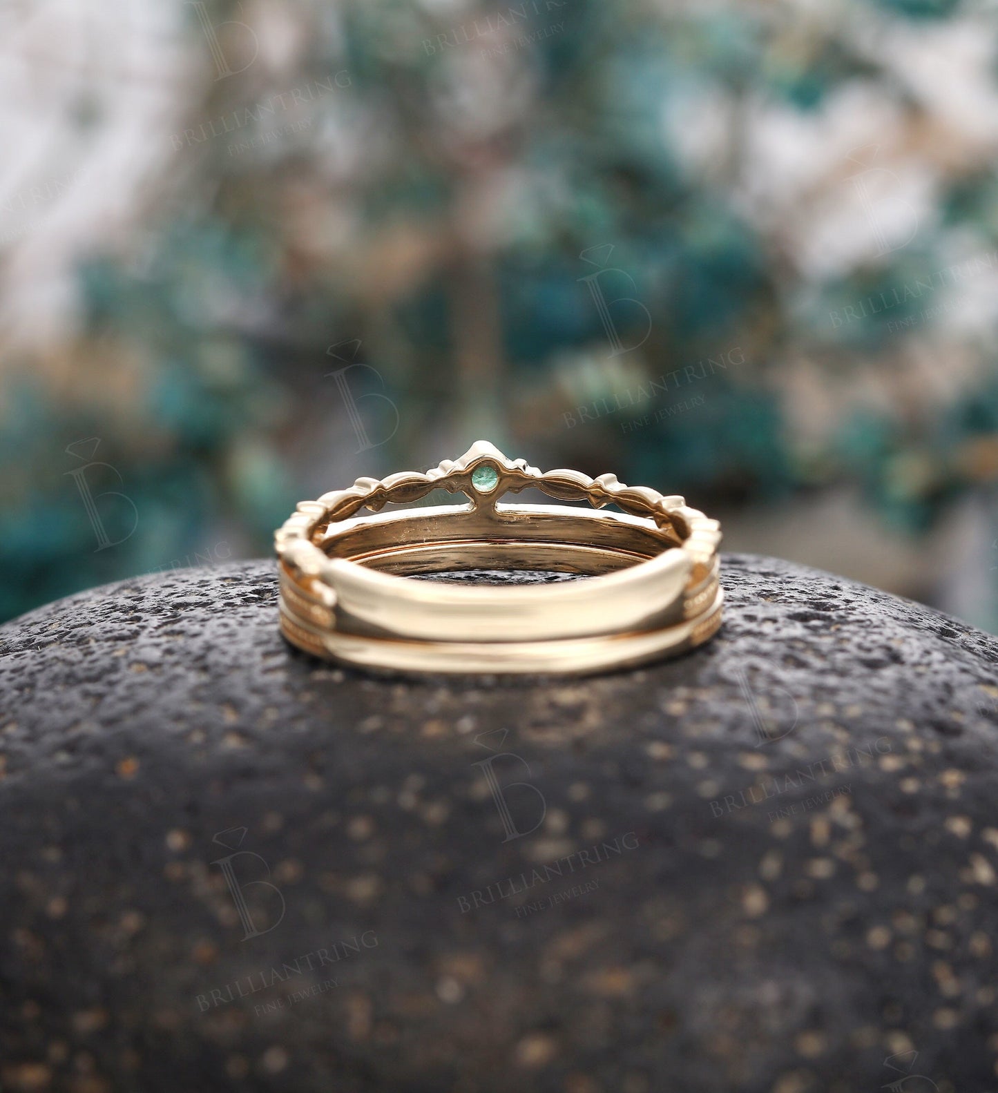 Emerald Engagement Ring set yellow Gold ring vintage Milgrain ring Art Deco ring Antique diamond wedding ring anniversary ring