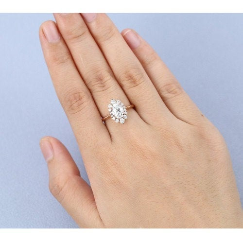 14k Oval Halo Moissanite Diamond Flower ring