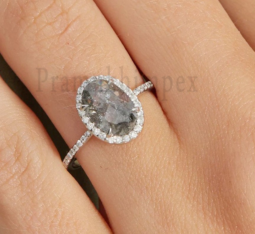 1.59 ct Oval Salt and Pepper Diamond Engagement Ring 14k White Gold Oval Grey Diamond Ring weeding promise ring anniversary gift for her