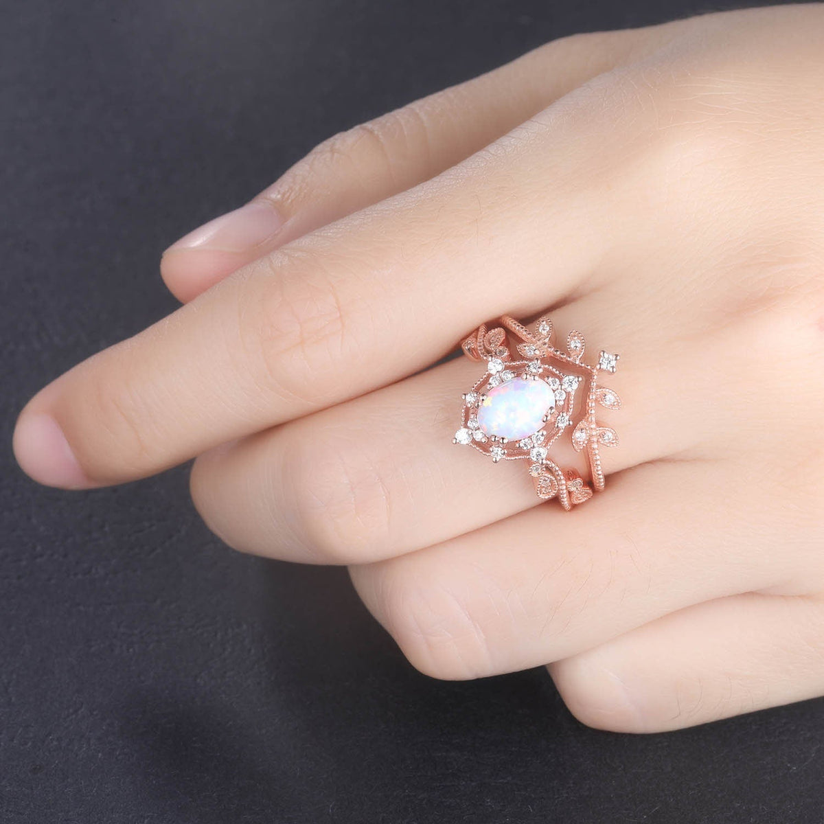 Opal Ring White Fire Opal Engagement Ring Set Diamond Bridal Set Vintage Style Art Deco Milgrain Diamond Eternity Band 6x8mm Oval Cut Opal