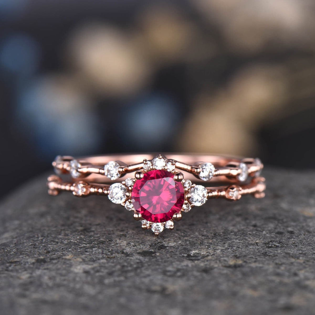 Morganite Engagement Ring Set Vintage Wedding Rings Women 14K Rose Gold Diamond Moissanite Stacking Matching Band Anniversary Gift